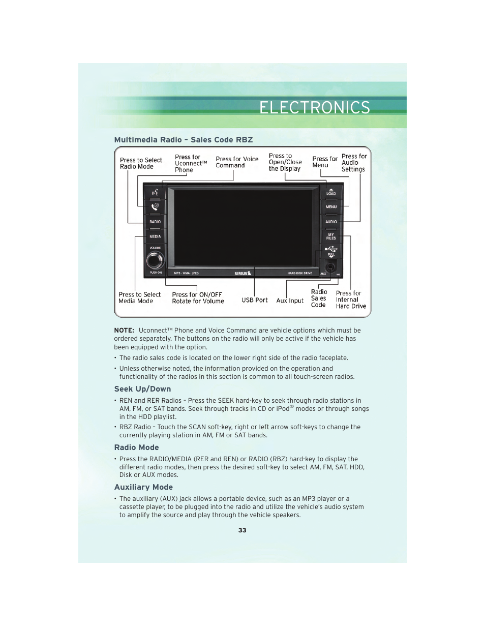 Multimedia radio – sales code rbz, Seek up/down, Radio mode | Auxiliary mode, Electronics | Chrysler 2010 300 SRT - User Guide User Manual | Page 35 / 88