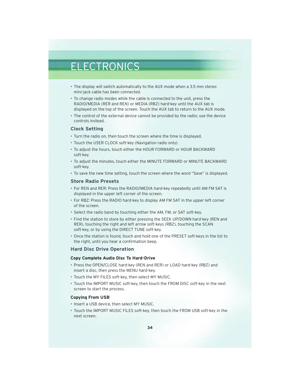 Clock setting, Store radio presets, Hard disc drive operation | Electronics | Chrysler 2010 300 SRT - User Guide User Manual | Page 36 / 88