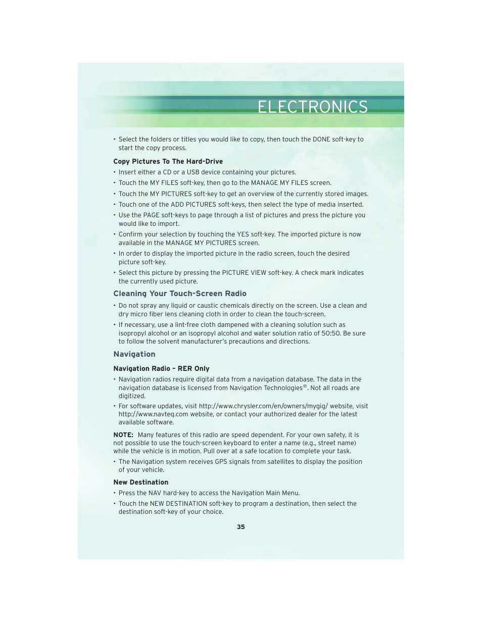 Cleaning your touch-screen radio, Navigation, Electronics | Chrysler 2010 300 SRT - User Guide User Manual | Page 37 / 88