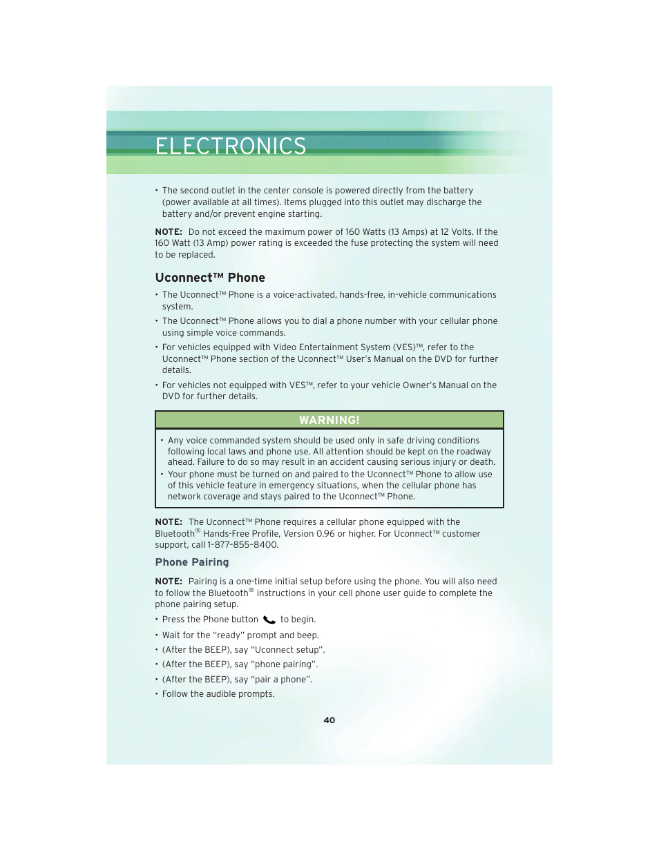 Uconnect™ phone, Phone pairing, Electronics | Chrysler 2010 300 SRT - User Guide User Manual | Page 42 / 88