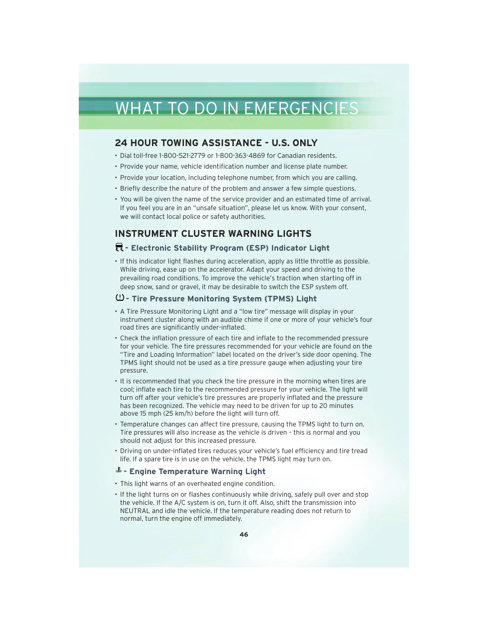 What to do in emergencies, 24 hour towing assistance - u.s. only, Instrument cluster warning lights | Electronic stability program (esp) indicator light, Tire pressure monitoring system (tpms) light, Engine temperature warning light | Chrysler 2010 300 SRT - User Guide User Manual | Page 48 / 88
