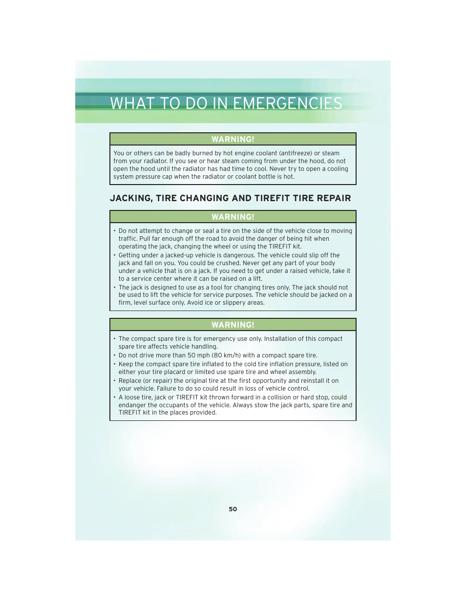 Jacking, tire changing and tirefit tire repair, What to do in emergencies | Chrysler 2010 300 SRT - User Guide User Manual | Page 52 / 88
