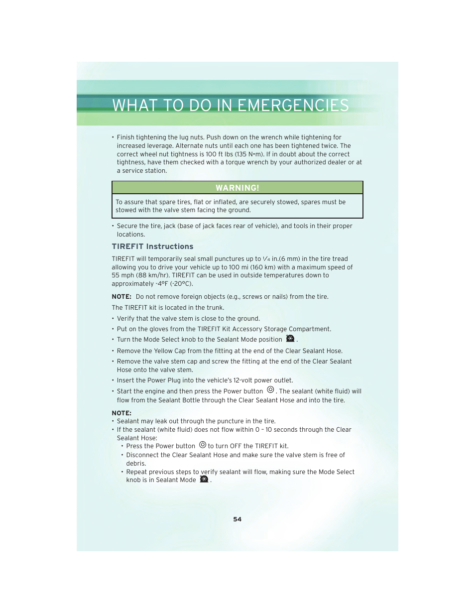 Tirefit instructions, What to do in emergencies, Warning | Chrysler 2010 300 SRT - User Guide User Manual | Page 56 / 88