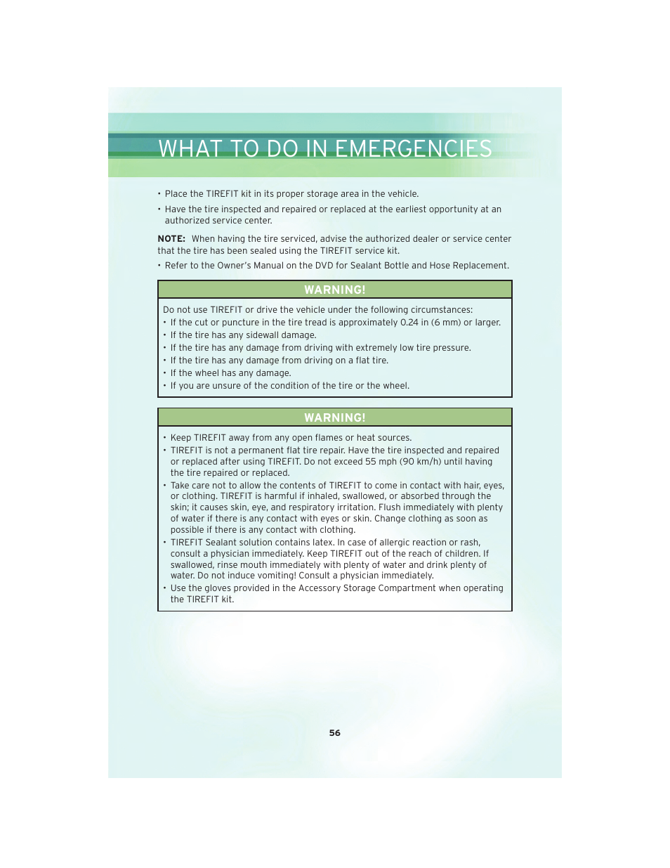 What to do in emergencies | Chrysler 2010 300 SRT - User Guide User Manual | Page 58 / 88