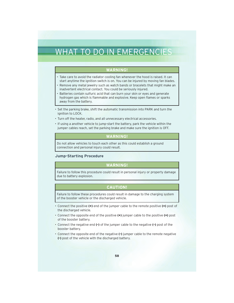 Jump-starting procedure, What to do in emergencies | Chrysler 2010 300 SRT - User Guide User Manual | Page 60 / 88