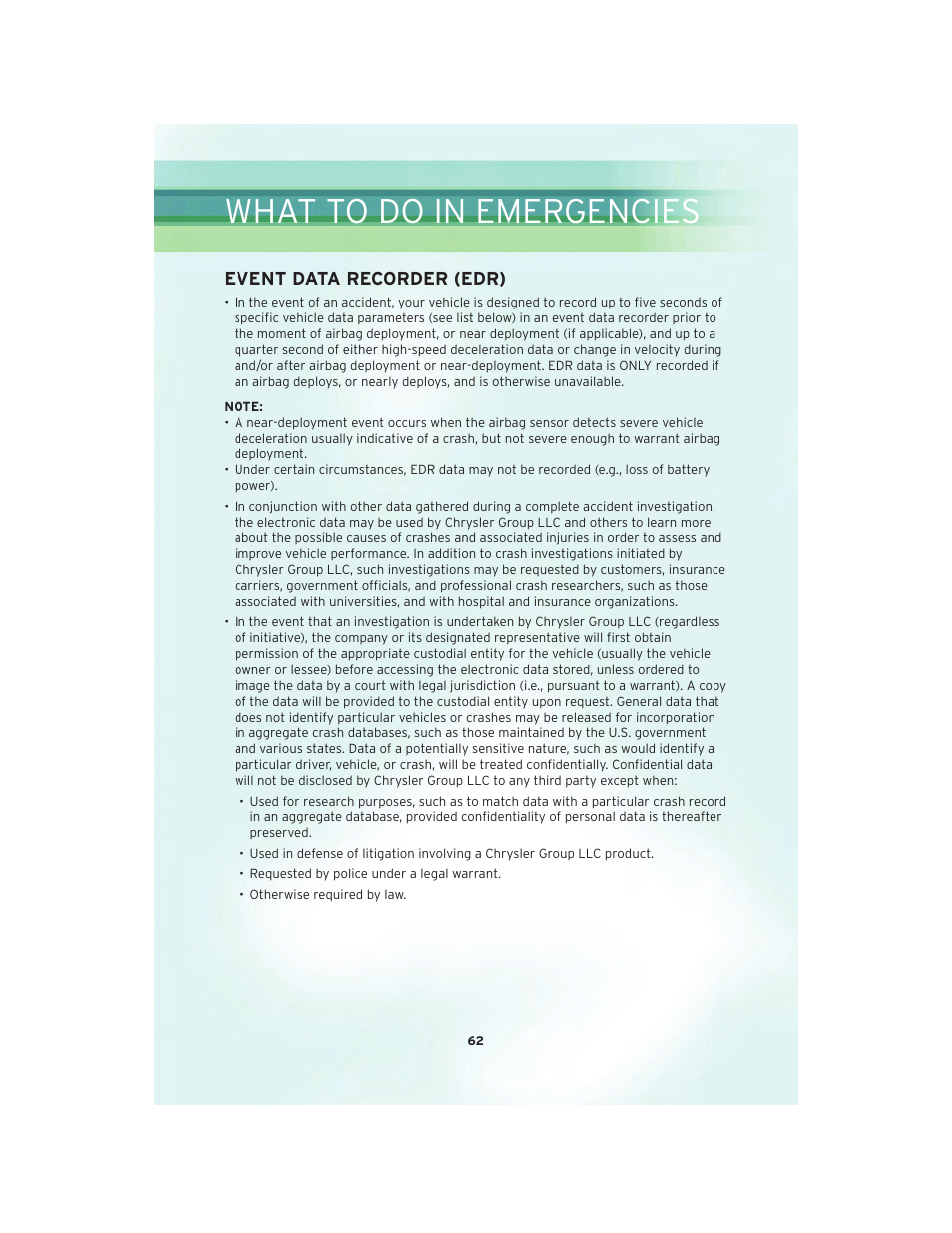 Event data recorder (edr), What to do in emergencies | Chrysler 2010 300 SRT - User Guide User Manual | Page 64 / 88