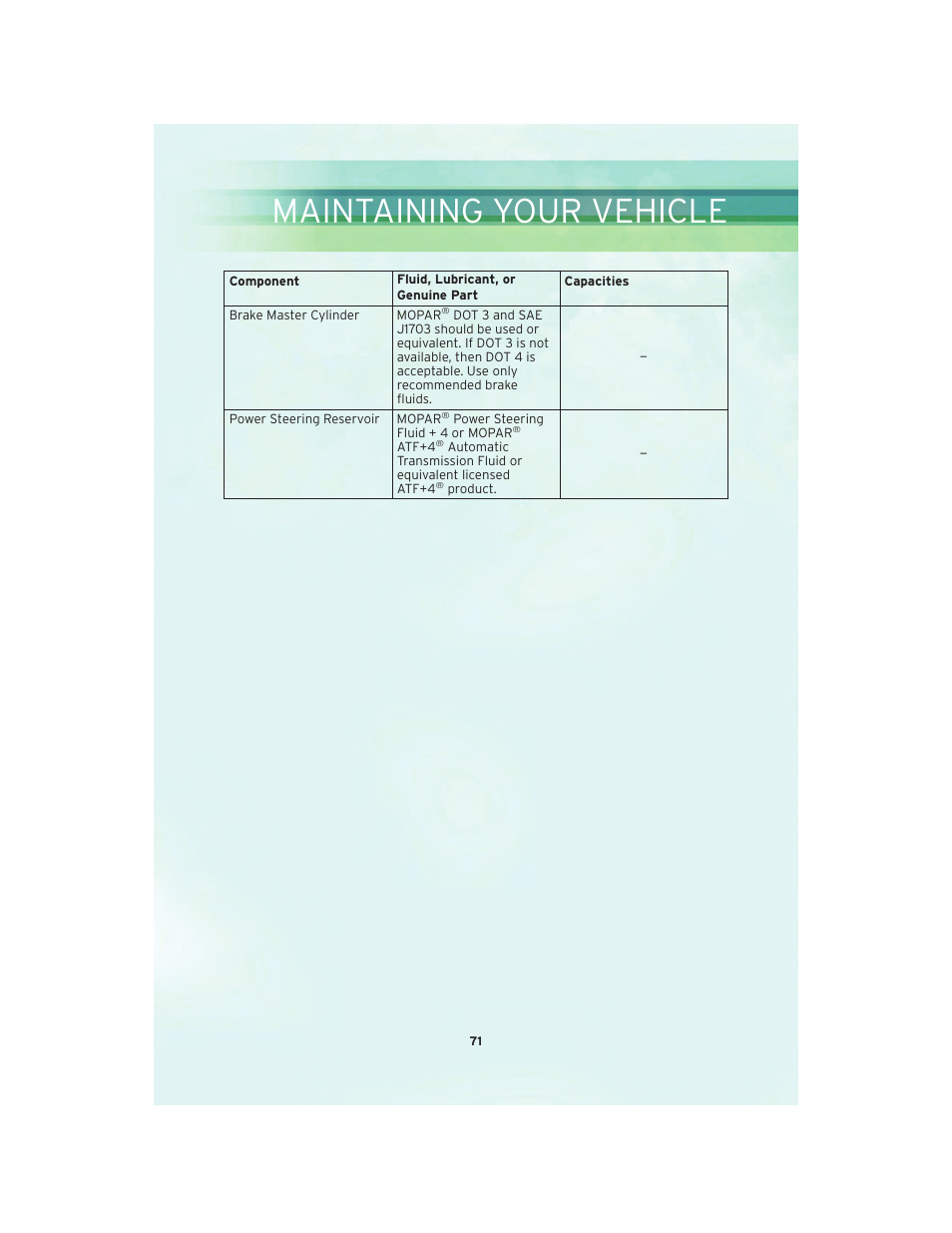 Maintenance chart, Maintaining your vehicle | Chrysler 2010 300 SRT - User Guide User Manual | Page 73 / 88