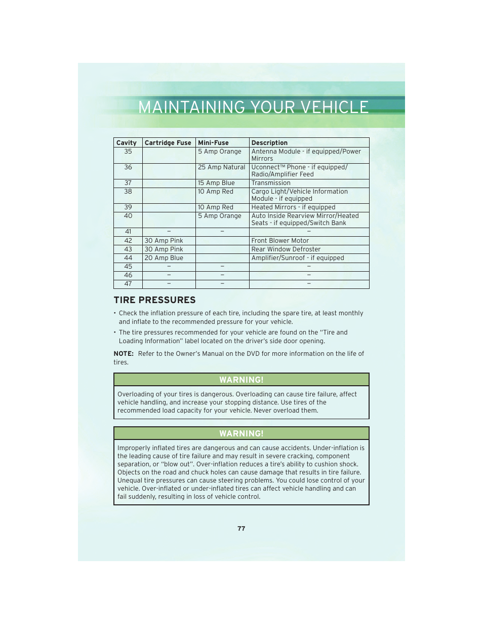 Tire pressures, Maintaining your vehicle | Chrysler 2010 300 SRT - User Guide User Manual | Page 79 / 88