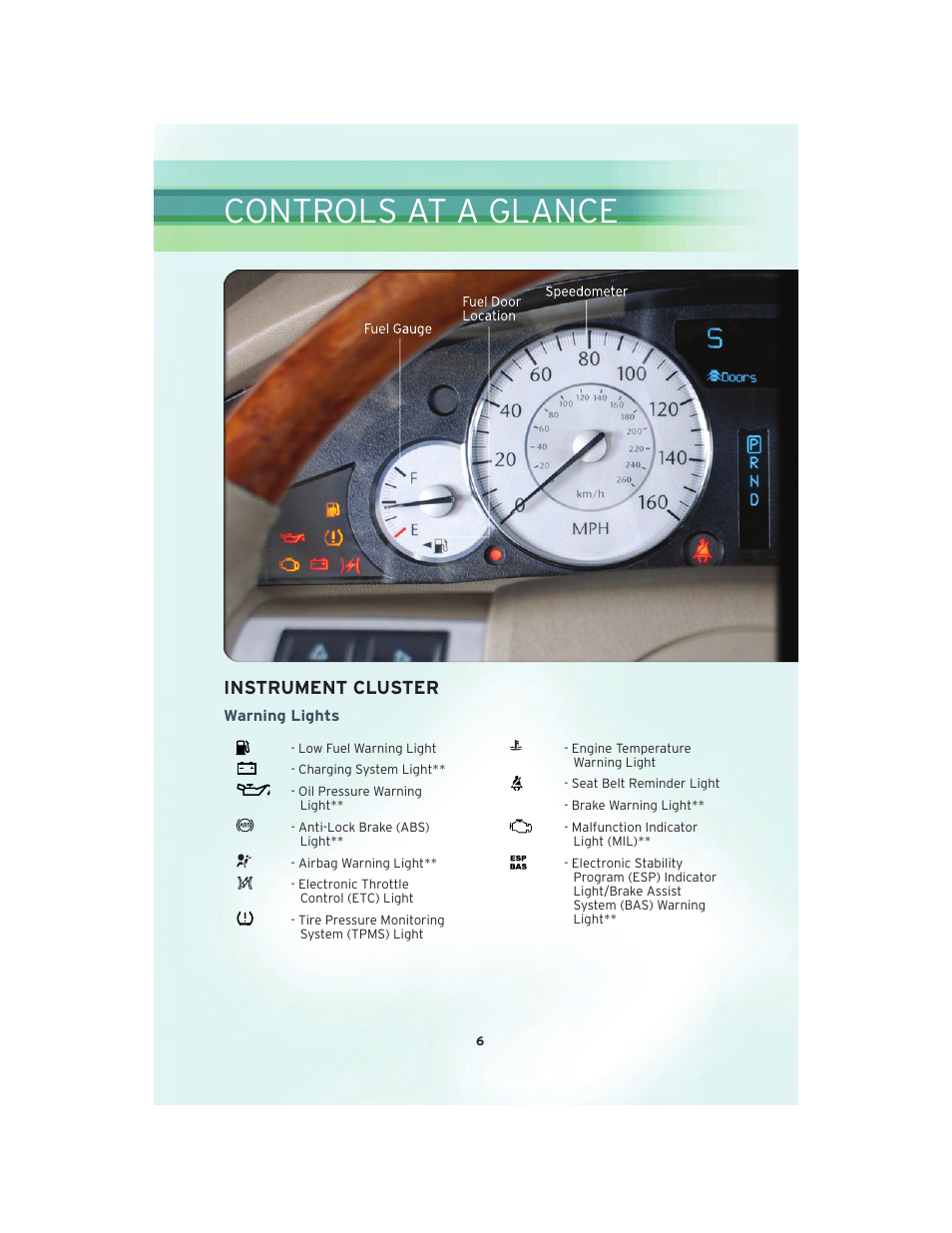 Instrument cluster, Warning lights, Controls at a glance | Chrysler 2010 300 SRT - User Guide User Manual | Page 8 / 88