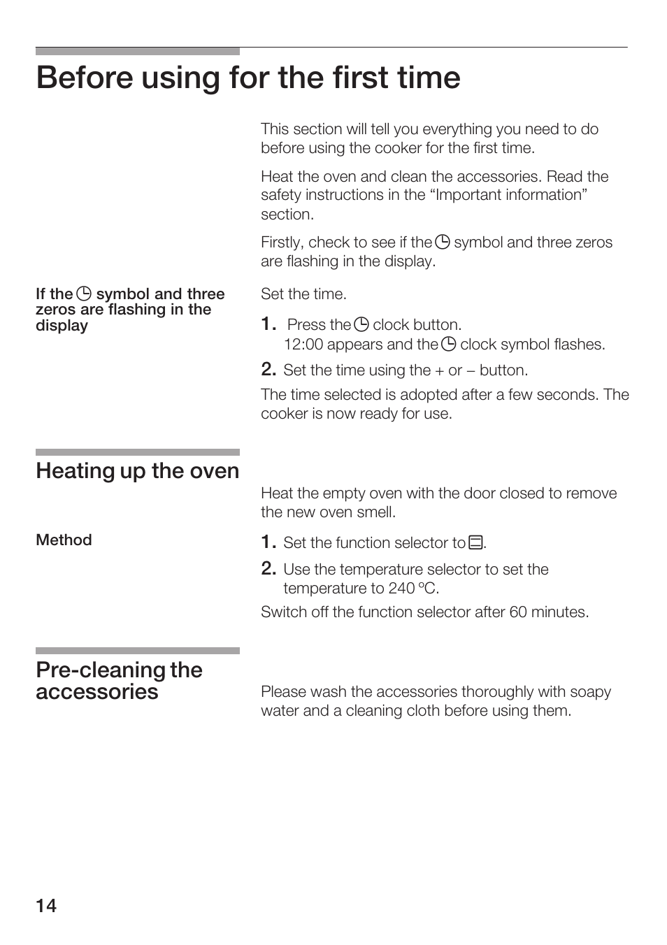 Before using for the first time, Heating up the oven, Prećcleaning the accessories | Bosch HBN 5405.0 A User Manual | Page 14 / 48