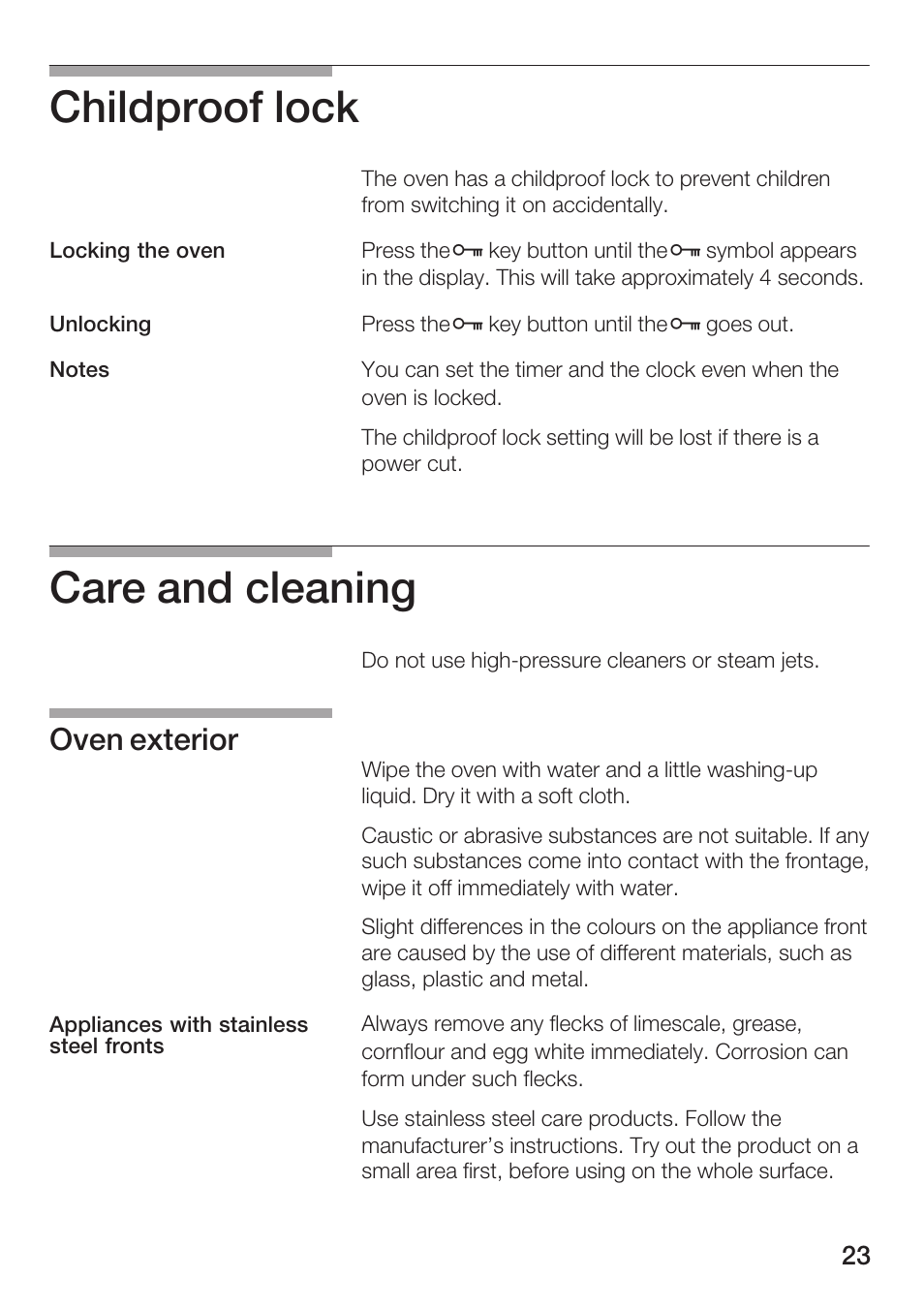 Childproof lock, Care and cleaning, Oven exterior | Bosch HBN 5405.0 A User Manual | Page 23 / 48