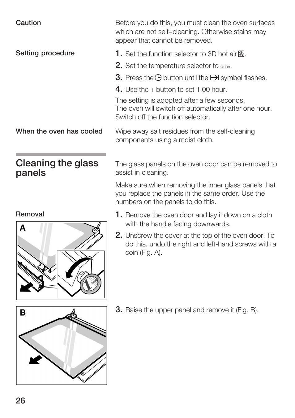 Cleaning the glass panels | Bosch HBN 5405.0 A User Manual | Page 26 / 48