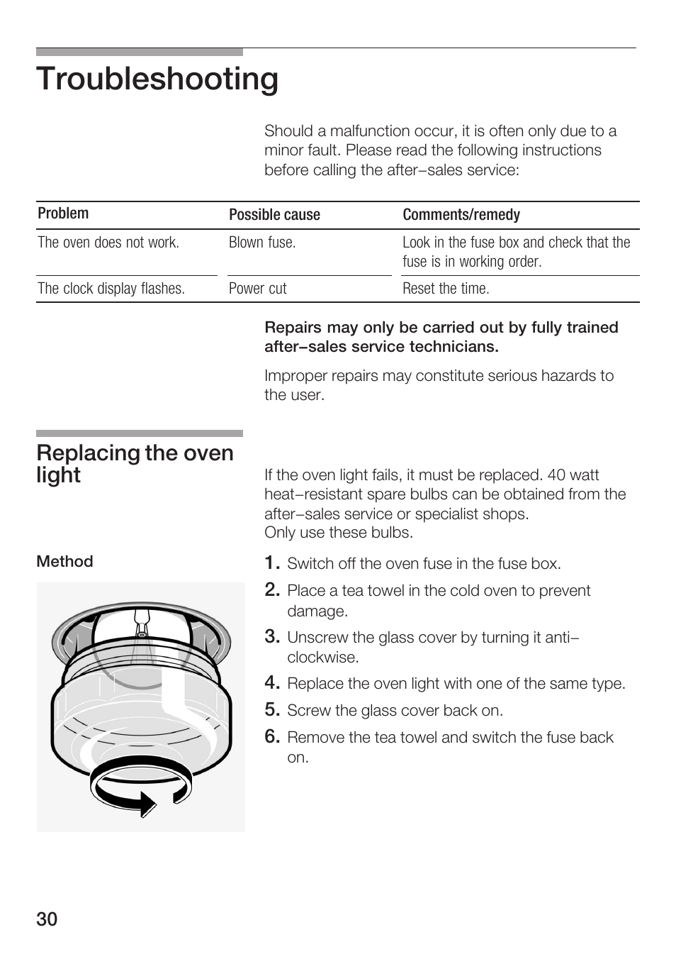 Troubleshooting, Replacing the oven light | Bosch HBN 5405.0 A User Manual | Page 30 / 48