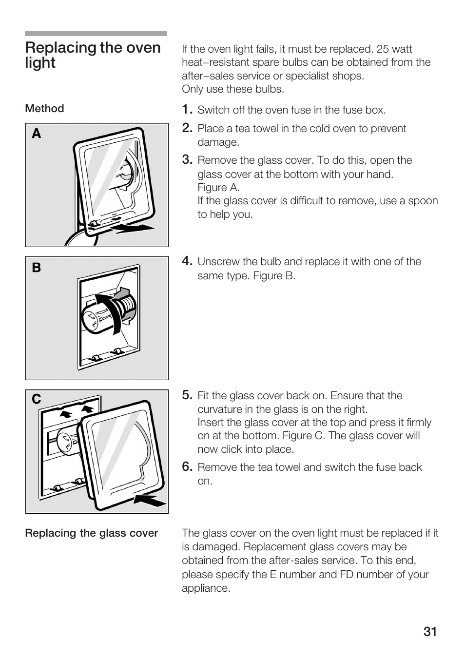Replacing the oven light | Bosch HBN 5405.0 A User Manual | Page 31 / 48