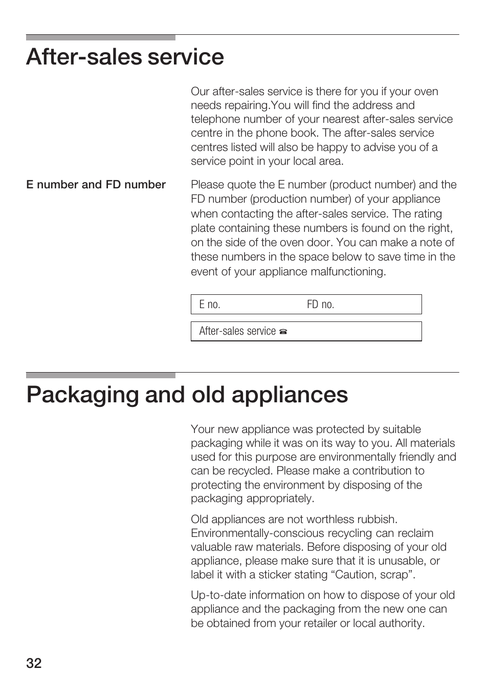Afterćsales service, Packaging and old appliances | Bosch HBN 5405.0 A User Manual | Page 32 / 48