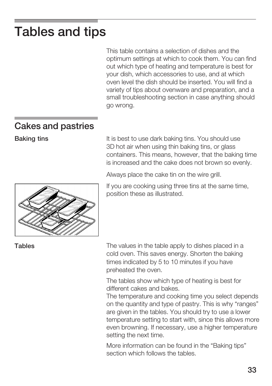 Tables and tips, Cakes and pastries | Bosch HBN 5405.0 A User Manual | Page 33 / 48