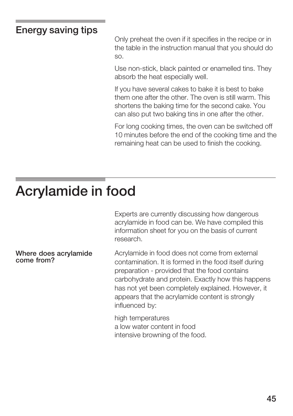 Acrylamide in food, Energy saving tips | Bosch HBN 5405.0 A User Manual | Page 45 / 48