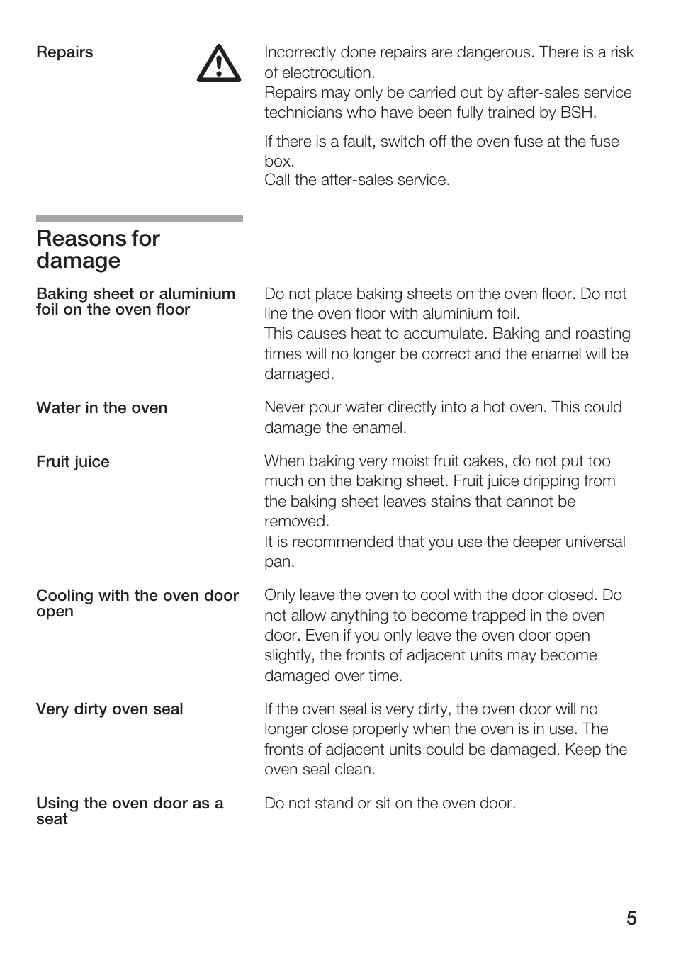 Reasons for damage | Bosch HBN 5405.0 A User Manual | Page 5 / 48