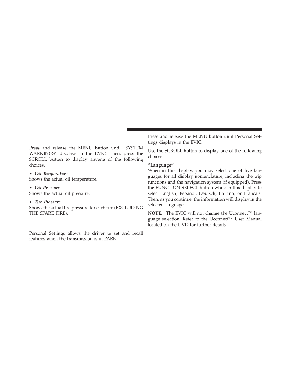 System warnings (customer information features), Personal settings (customer-programmable features), System warnings (customer information | Features), Personal settings (customer-programmable | Chrysler 2010 300 SRT - Owner Manual User Manual | Page 217 / 465