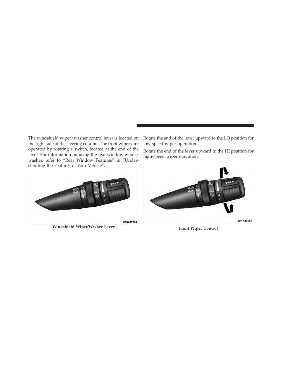 Windshield wipers and washers, Windshield wiper operation | Chrysler 2010 PT Cruiser - Owner Manual User Manual | Page 107 / 368