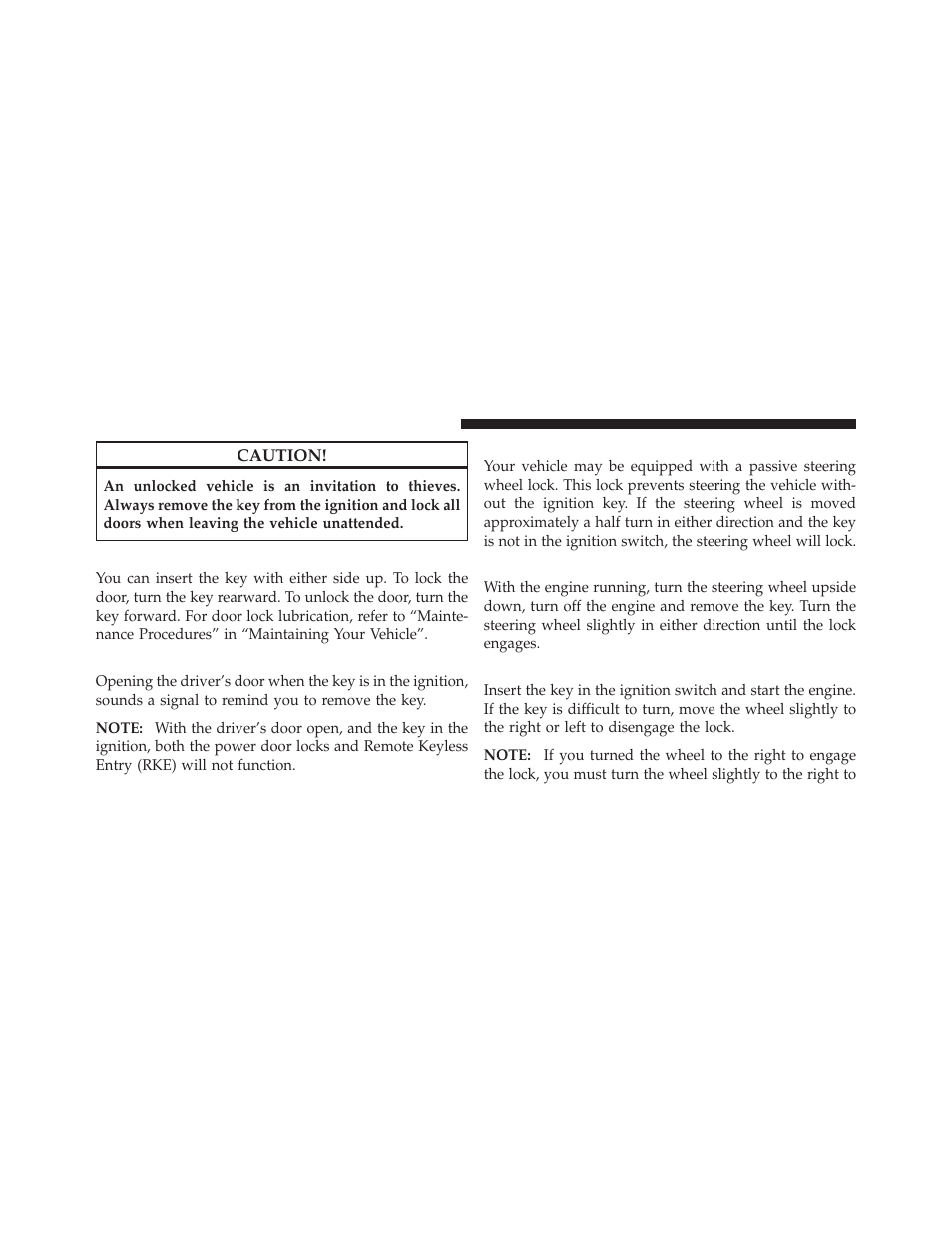 Locking doors with a key, Key-in-ignition reminder, Steering wheel lock — if equipped | To manually lock the steering wheel, To release the steering wheel lock | Chrysler 2010 PT Cruiser - Owner Manual User Manual | Page 15 / 368