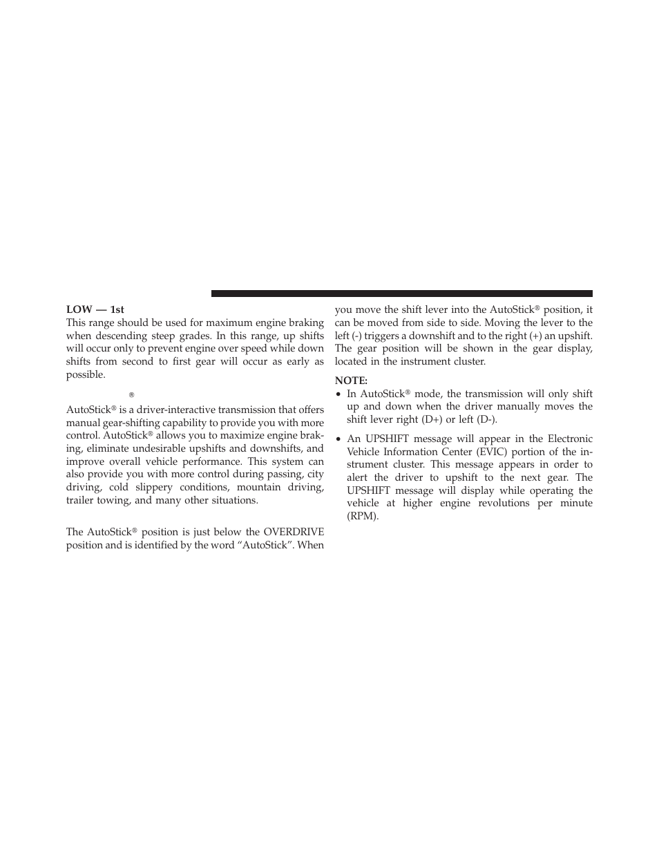 Autostickĥ — if equipped, Operation | Chrysler 2010 PT Cruiser - Owner Manual User Manual | Page 201 / 368