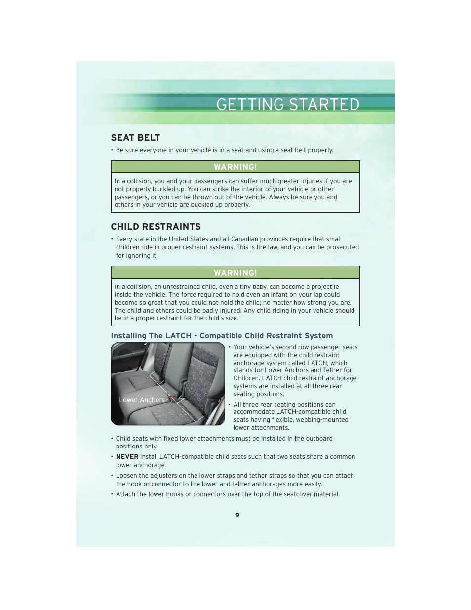Seat belt, Child restraints, Getting started | Chrysler 2010 PT Cruiser - User Guide User Manual | Page 11 / 60
