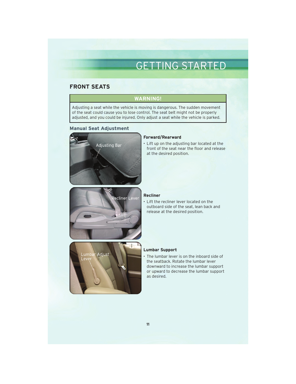 Front seats, Manual seat adjustment, Getting started | Chrysler 2010 PT Cruiser - User Guide User Manual | Page 13 / 60