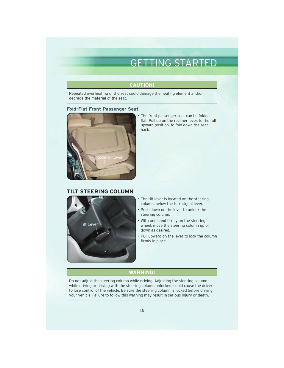 Fold-flat front passenger seat, Tilt steering column, Getting started | Chrysler 2010 PT Cruiser - User Guide User Manual | Page 15 / 60