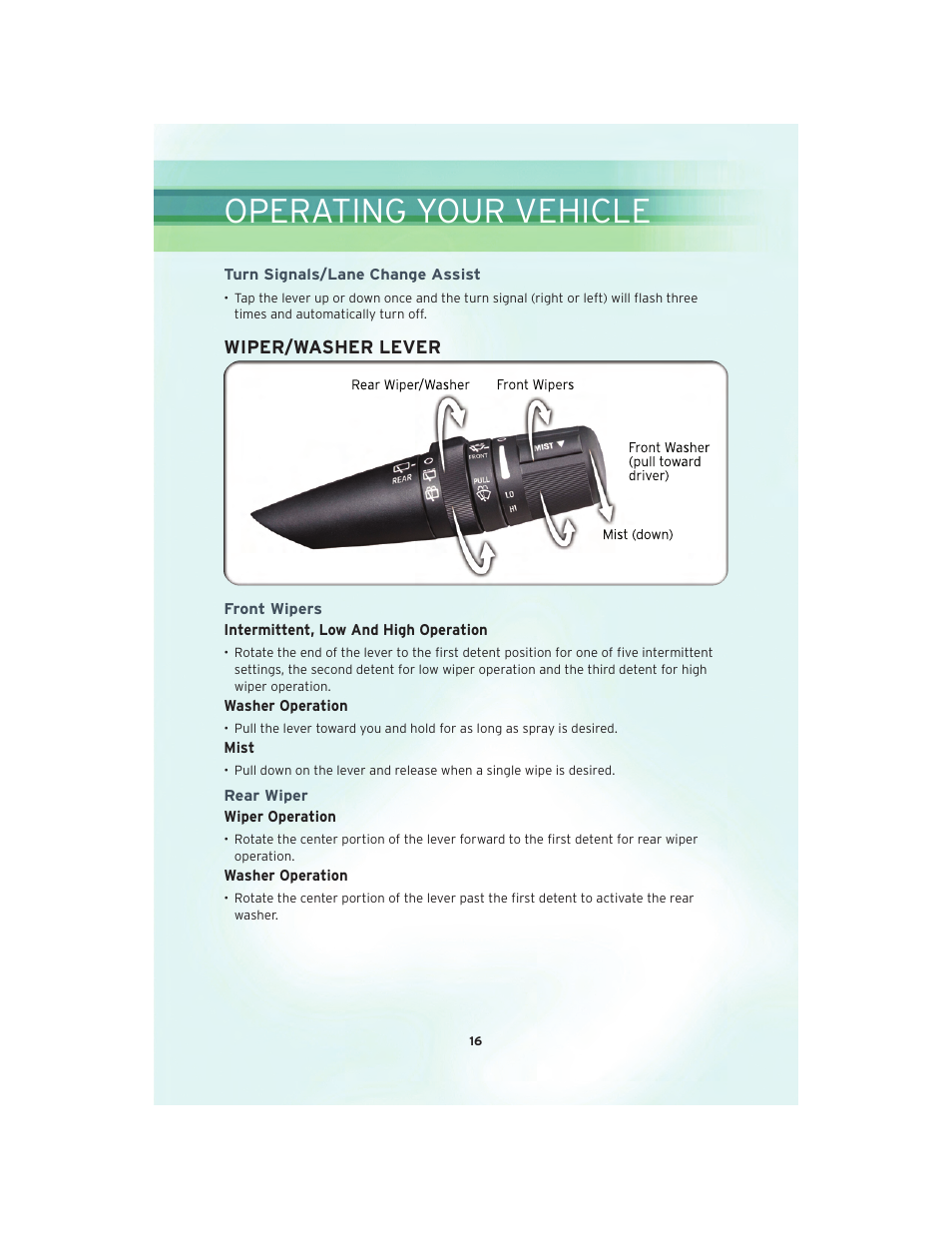 Turn signals/lane change assist, Wiper/washer lever, Front wipers | Rear wiper, Operating your vehicle | Chrysler 2010 PT Cruiser - User Guide User Manual | Page 18 / 60