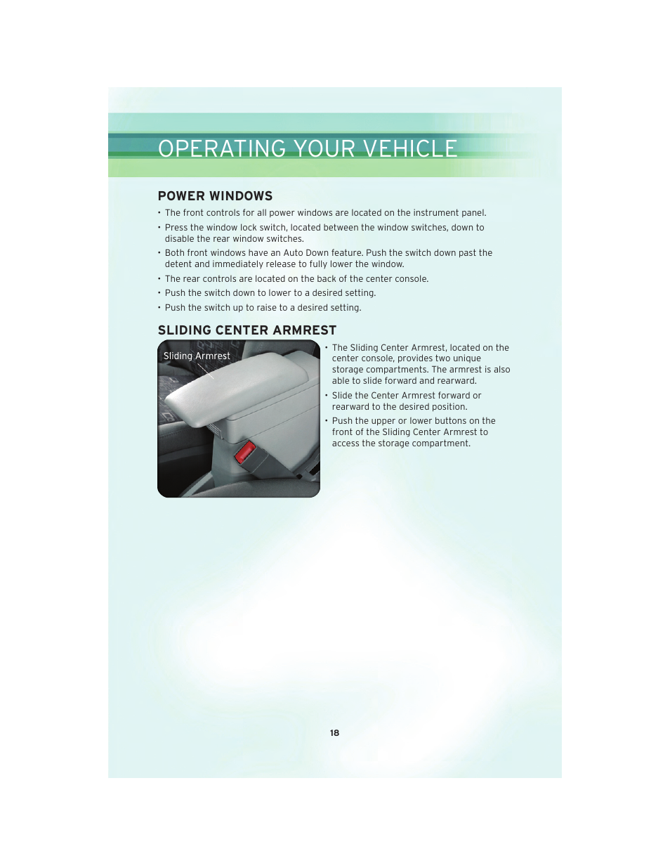 Power windows, Sliding center armrest, Operating your vehicle | Chrysler 2010 PT Cruiser - User Guide User Manual | Page 20 / 60