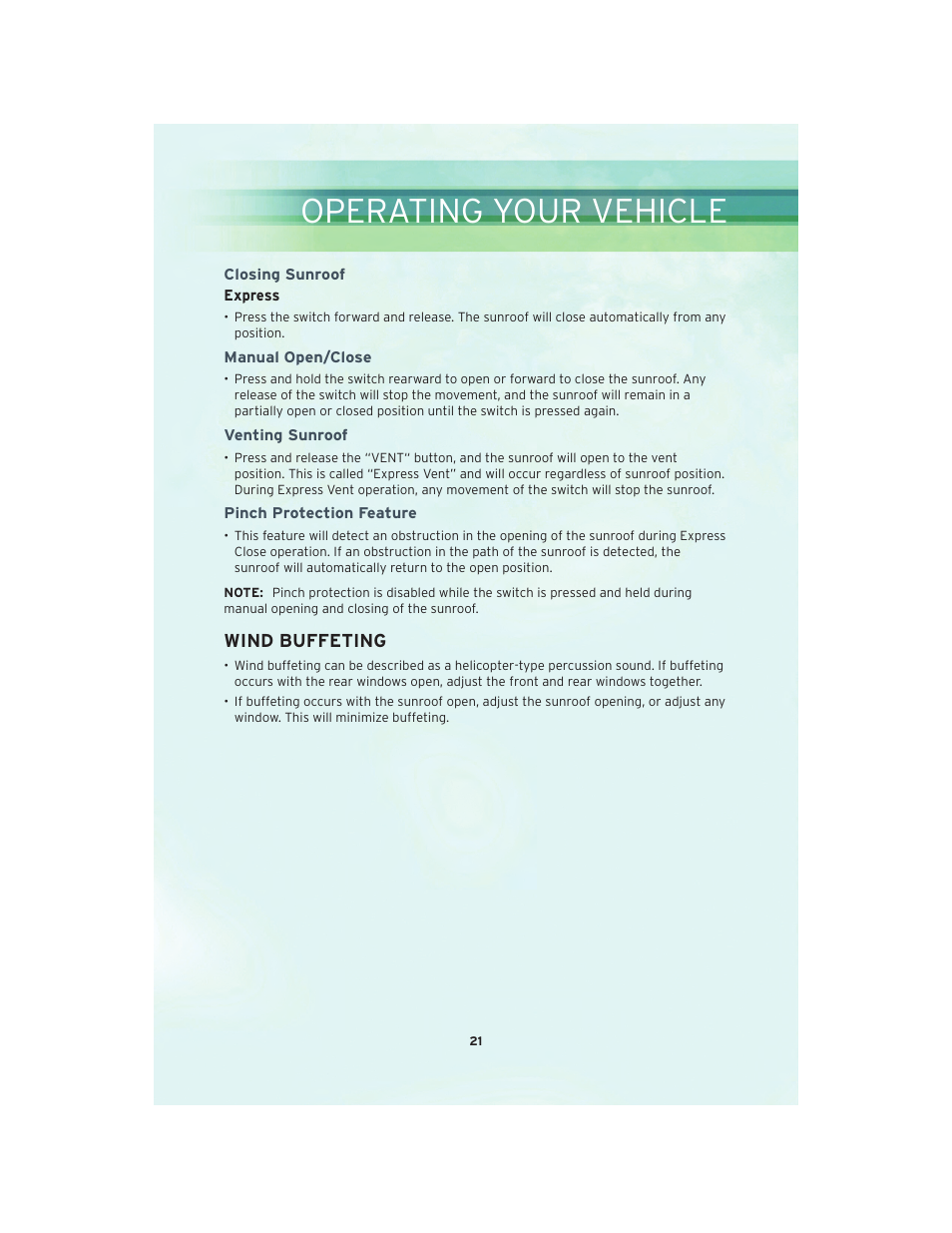 Closing sunroof, Manual open/close, Venting sunroof | Pinch protection feature, Wind buffeting, Operating your vehicle | Chrysler 2010 PT Cruiser - User Guide User Manual | Page 23 / 60