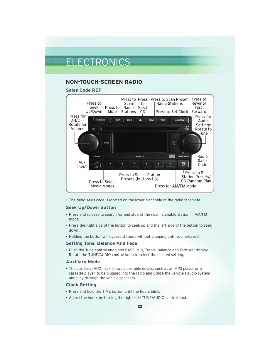 Electronics, Non-touch-screen radio, Sales code ref | Seek up/down button, Setting tone, balance and fade, Auxiliary mode, Clock setting | Chrysler 2010 PT Cruiser - User Guide User Manual | Page 24 / 60