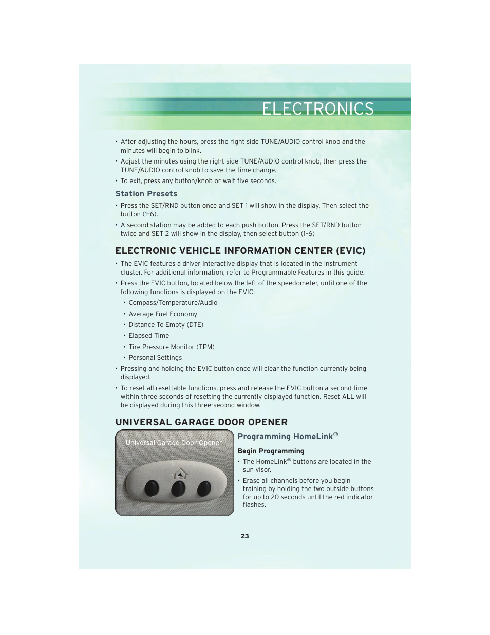 Station presets, Electronic vehicle information center (evic), Universal garage door opener | Programming homelink, Electronics | Chrysler 2010 PT Cruiser - User Guide User Manual | Page 25 / 60