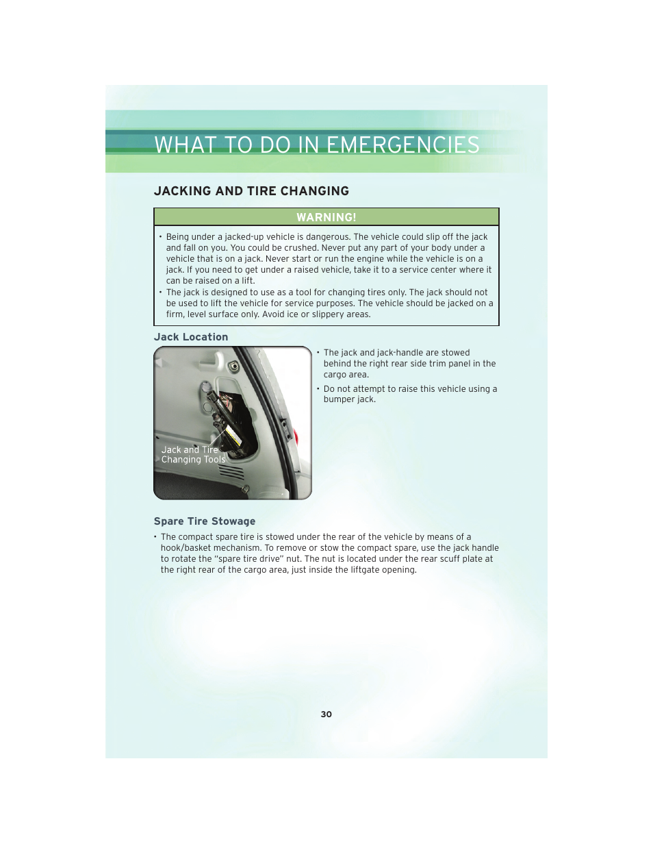 Jacking and tire changing, Jack location, Spare tire stowage | What to do in emergencies | Chrysler 2010 PT Cruiser - User Guide User Manual | Page 32 / 60