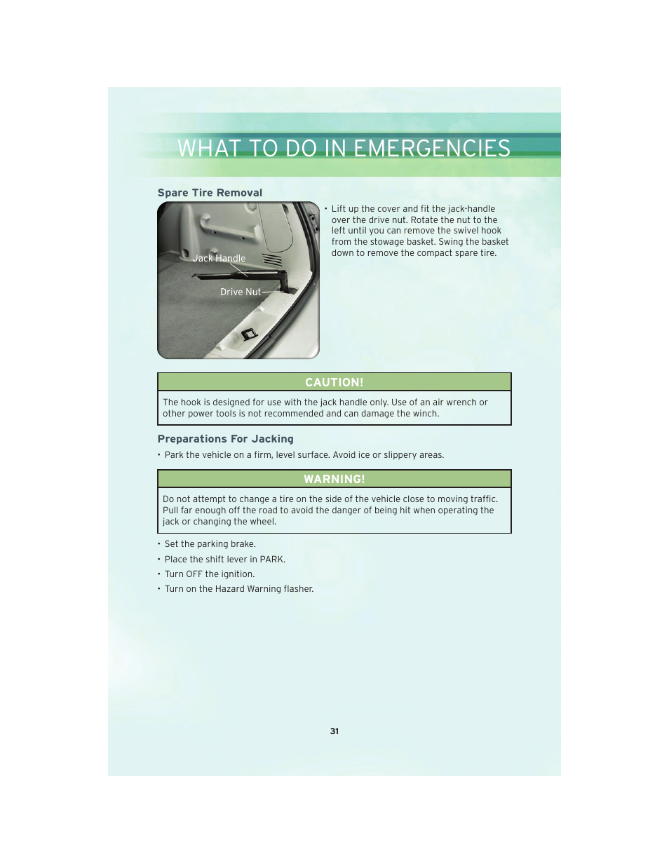 Spare tire removal, Preparations for jacking, What to do in emergencies | Chrysler 2010 PT Cruiser - User Guide User Manual | Page 33 / 60