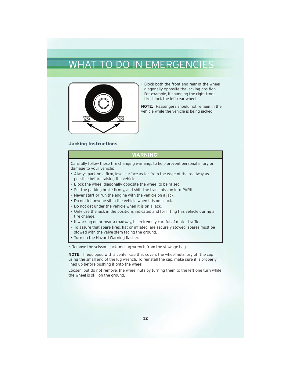 Jacking instructions, What to do in emergencies | Chrysler 2010 PT Cruiser - User Guide User Manual | Page 34 / 60