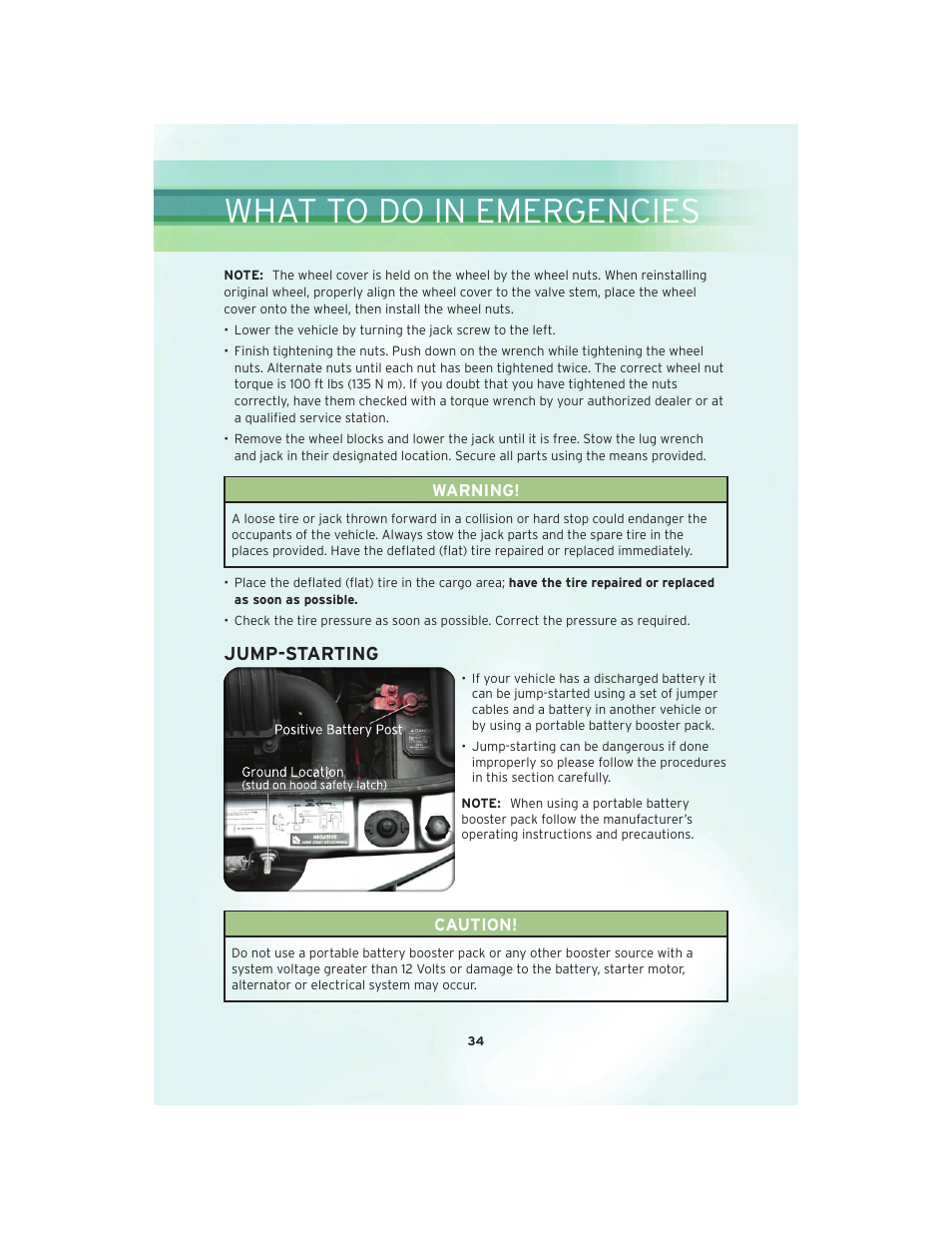 Jump-starting, What to do in emergencies | Chrysler 2010 PT Cruiser - User Guide User Manual | Page 36 / 60