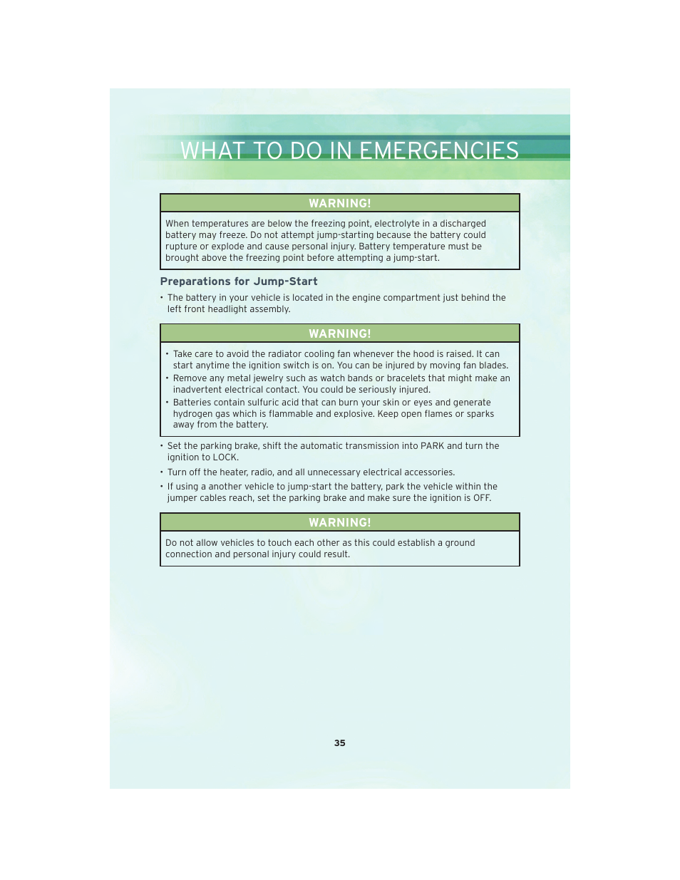 Preparations for jump-start, What to do in emergencies | Chrysler 2010 PT Cruiser - User Guide User Manual | Page 37 / 60