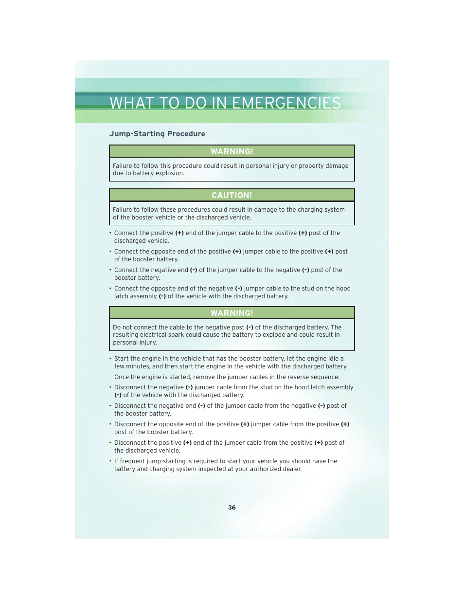 Jump-starting procedure, What to do in emergencies | Chrysler 2010 PT Cruiser - User Guide User Manual | Page 38 / 60