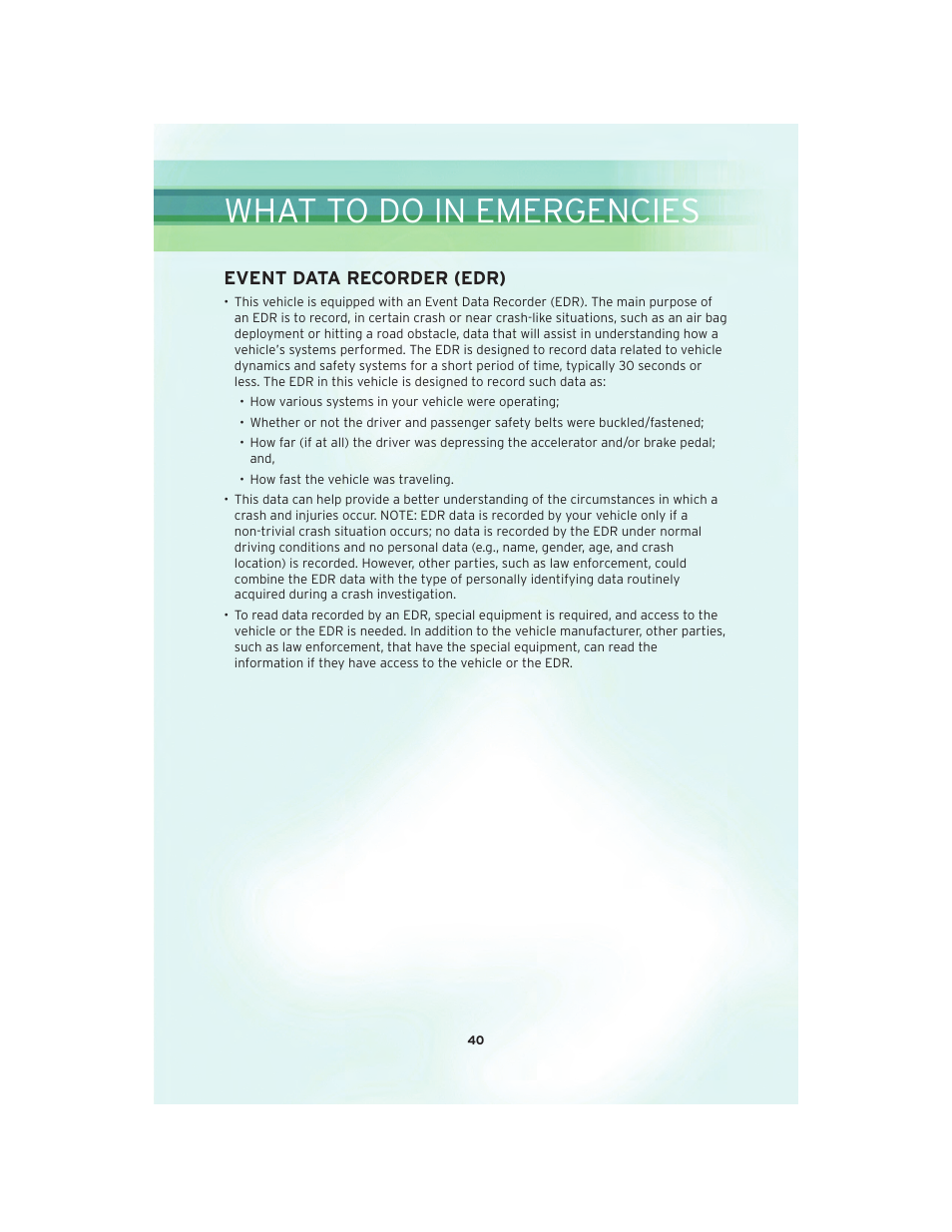 Event data recorder (edr), What to do in emergencies | Chrysler 2010 PT Cruiser - User Guide User Manual | Page 42 / 60