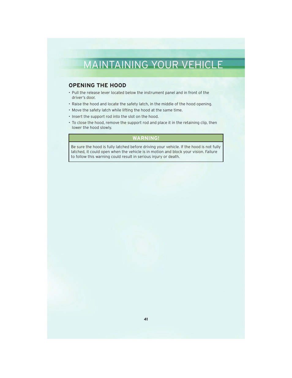 Maintaining your vehicle, Opening the hood, Engine compartment | Chrysler 2010 PT Cruiser - User Guide User Manual | Page 43 / 60