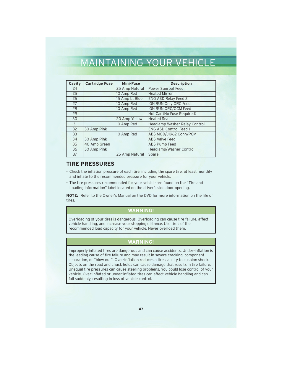 Tire pressures, Maintaining your vehicle | Chrysler 2010 PT Cruiser - User Guide User Manual | Page 49 / 60