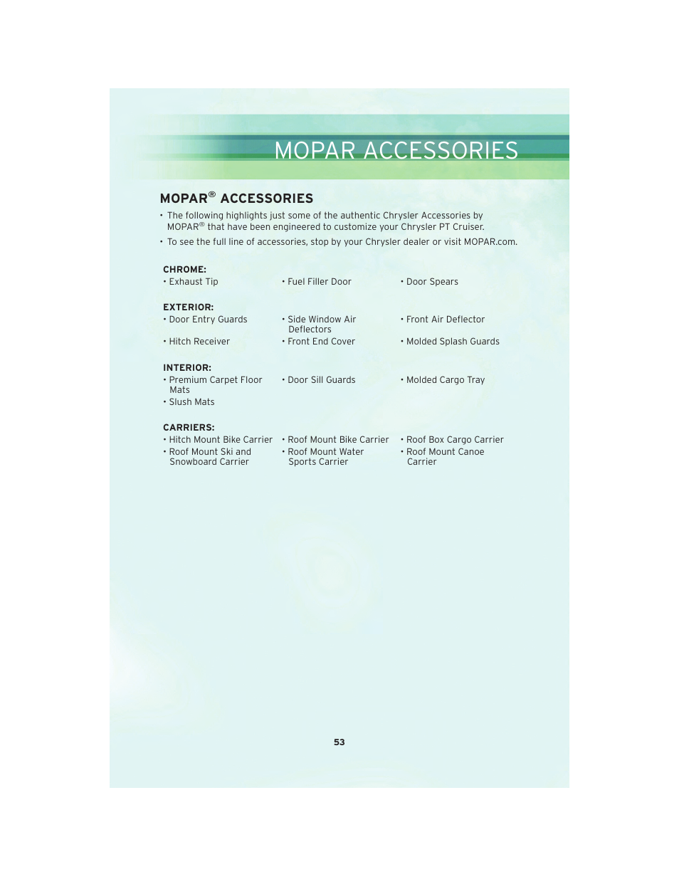 Mopar accessories, Mopar® accessories, Mopar | Accessories | Chrysler 2010 PT Cruiser - User Guide User Manual | Page 55 / 60