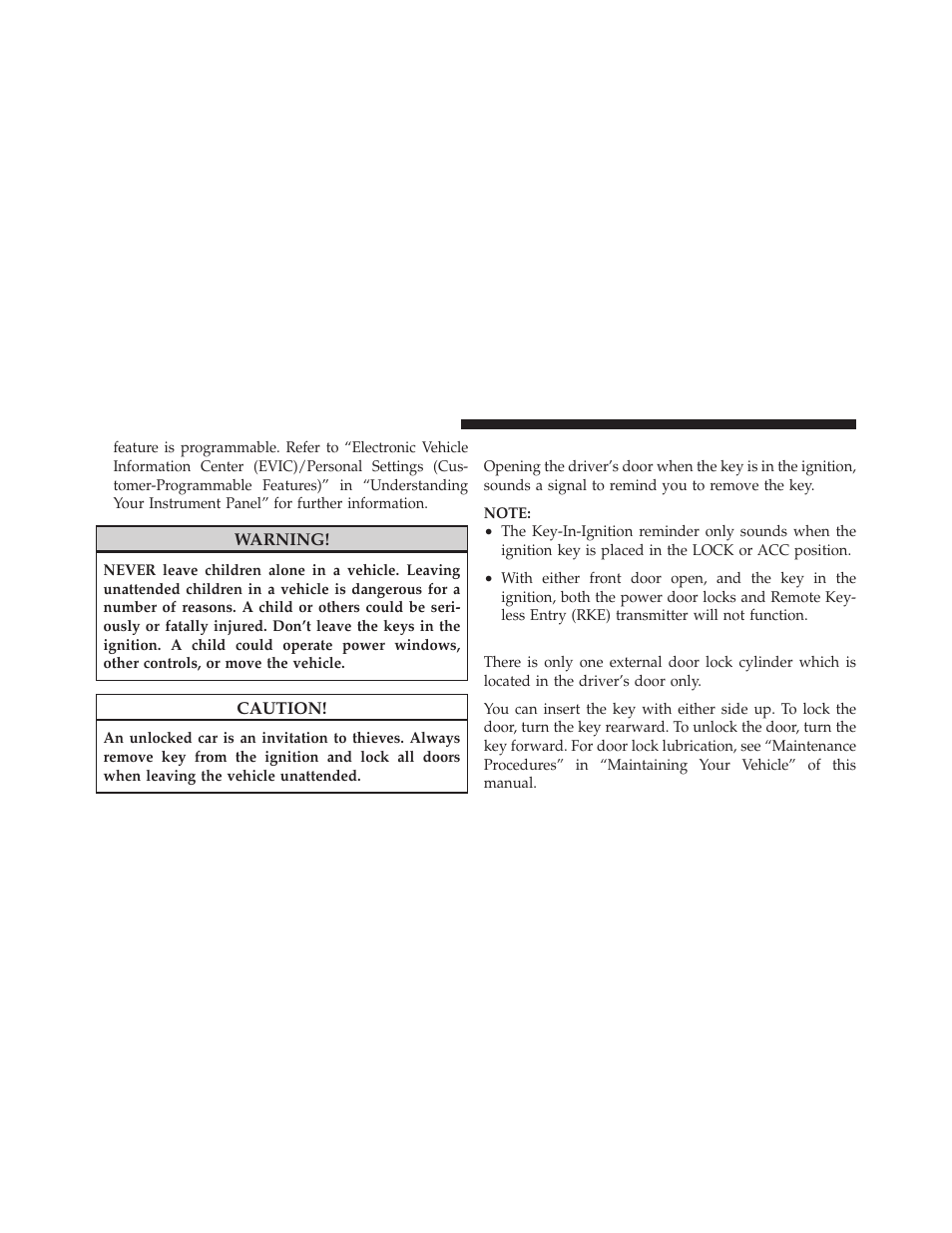 Key-in-ignition reminder, Locking the doors with the key | Chrysler 2010 Sebring - Owner Manual User Manual | Page 15 / 444