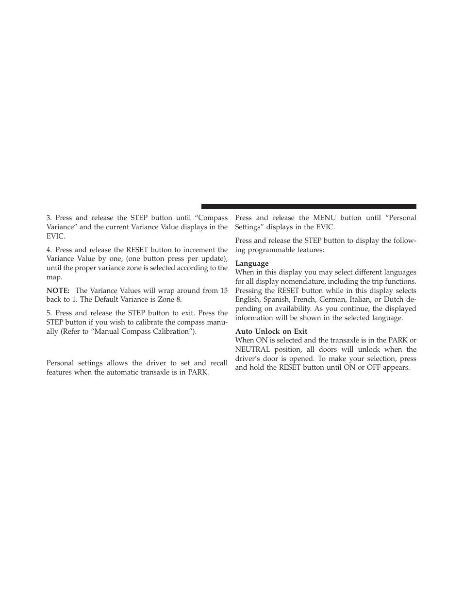 Personal settings (customer-programmable features), Personal settings, Customer-programmable features) | Chrysler 2010 Sebring - Owner Manual User Manual | Page 167 / 444
