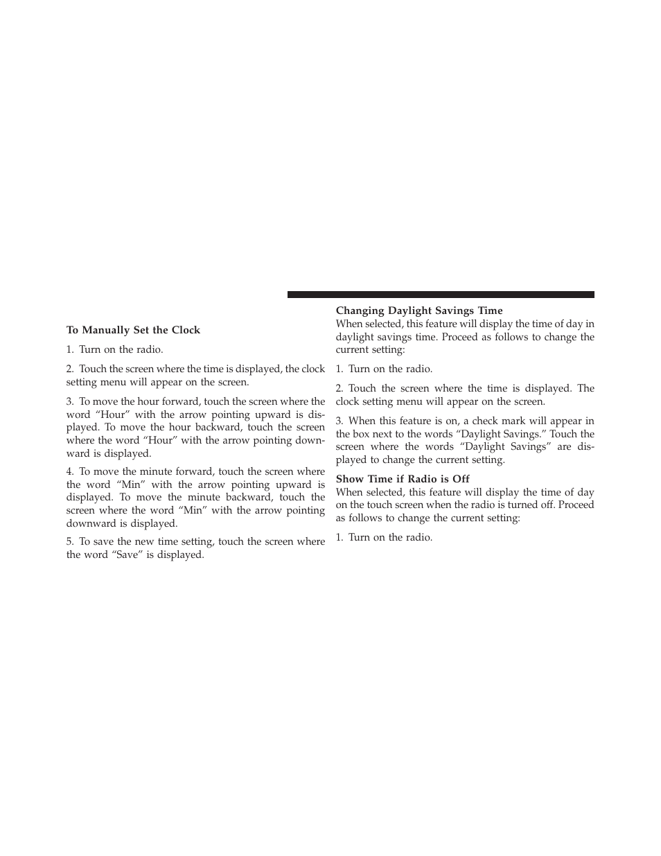 Clock setting procedure — rbz radio | Chrysler 2010 Sebring - Owner Manual User Manual | Page 187 / 444