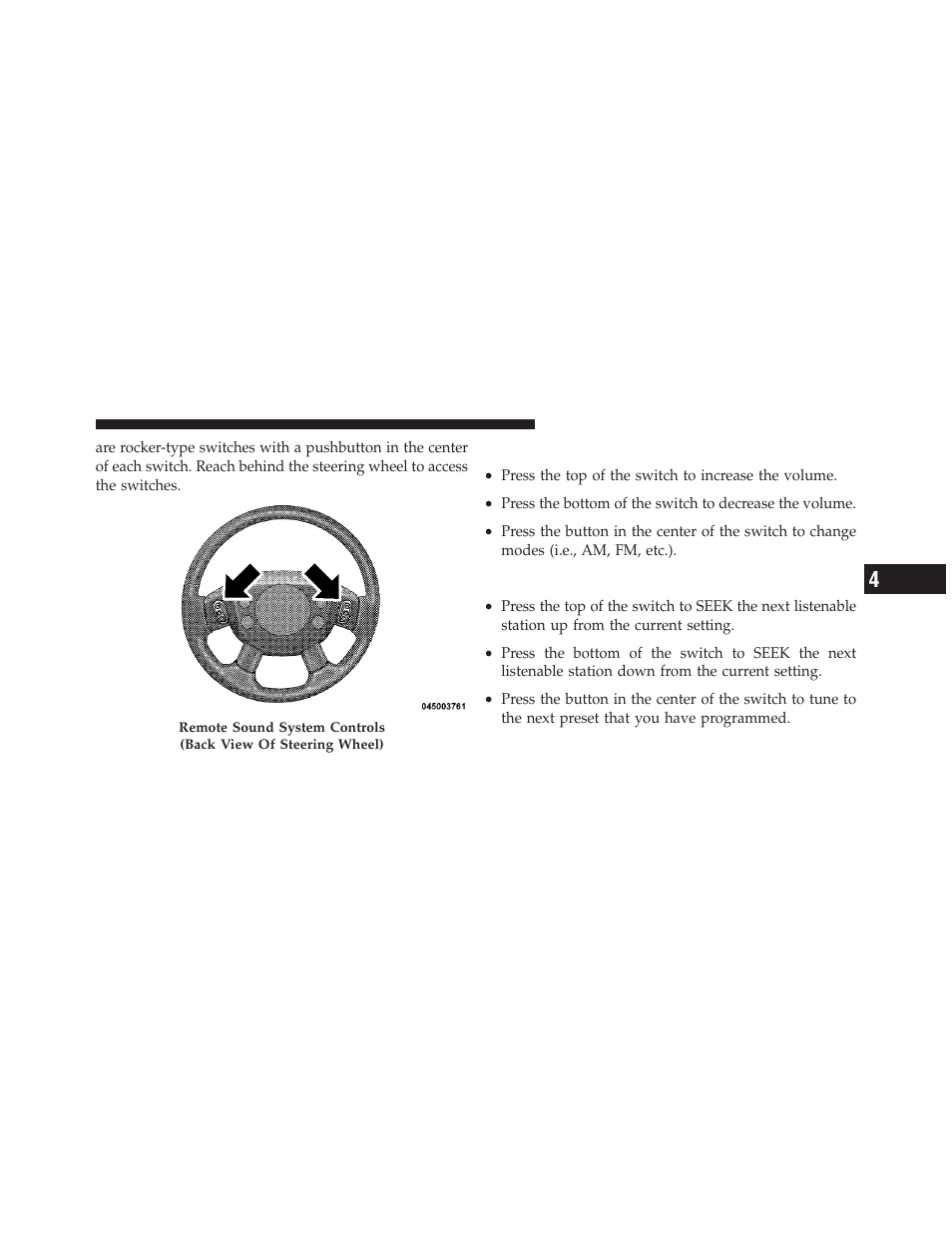 Right-hand switch functions, Left-hand switch functions for radio operation, Left-hand switch functions for radio | Operation | Chrysler 2010 Sebring - Owner Manual User Manual | Page 218 / 444