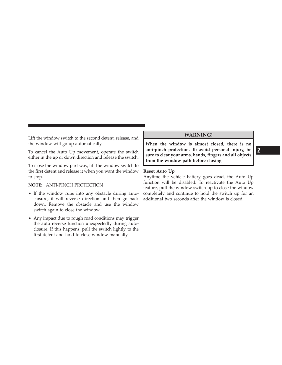 Auto window up — if equipped | Chrysler 2010 Sebring - Owner Manual User Manual | Page 36 / 444