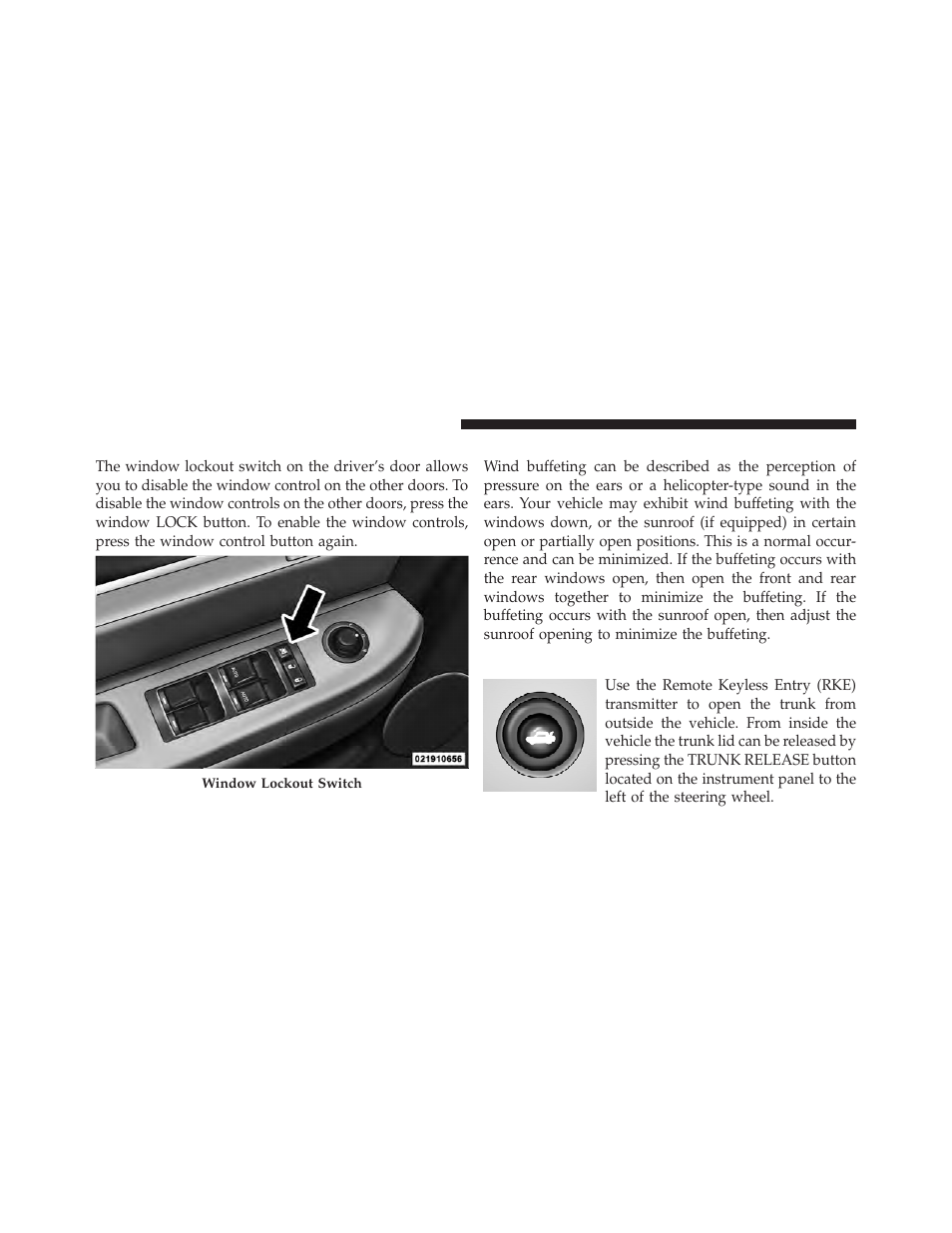 Window lockout switch, Wind buffeting, Trunk lock and release | Chrysler 2010 Sebring - Owner Manual User Manual | Page 37 / 444